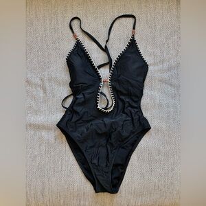 Shade & Shore Black One Piece Swimsuit | Beaded Trim Low Back | Size S 🐚